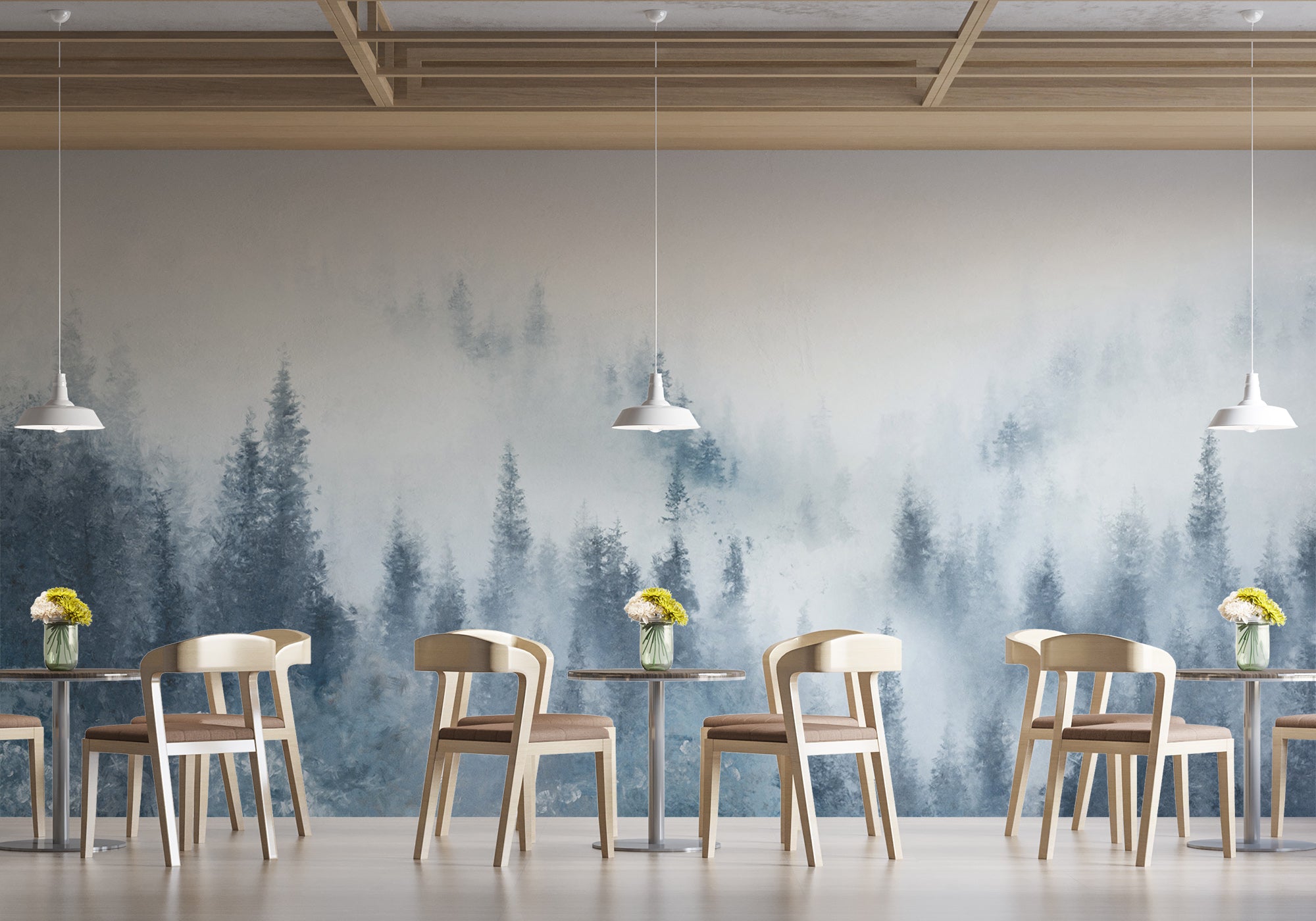 Papier peint restaurant sapin brume bleu aquarelle, mural concept, tendance