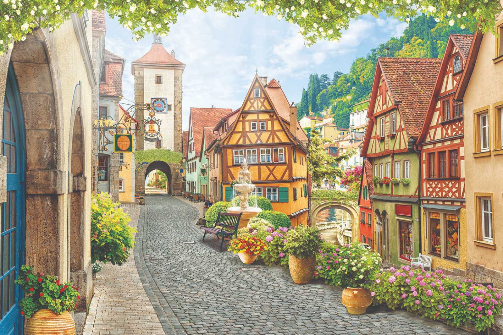Papier peint ruelle fleurie Alsace, XXL, tendance