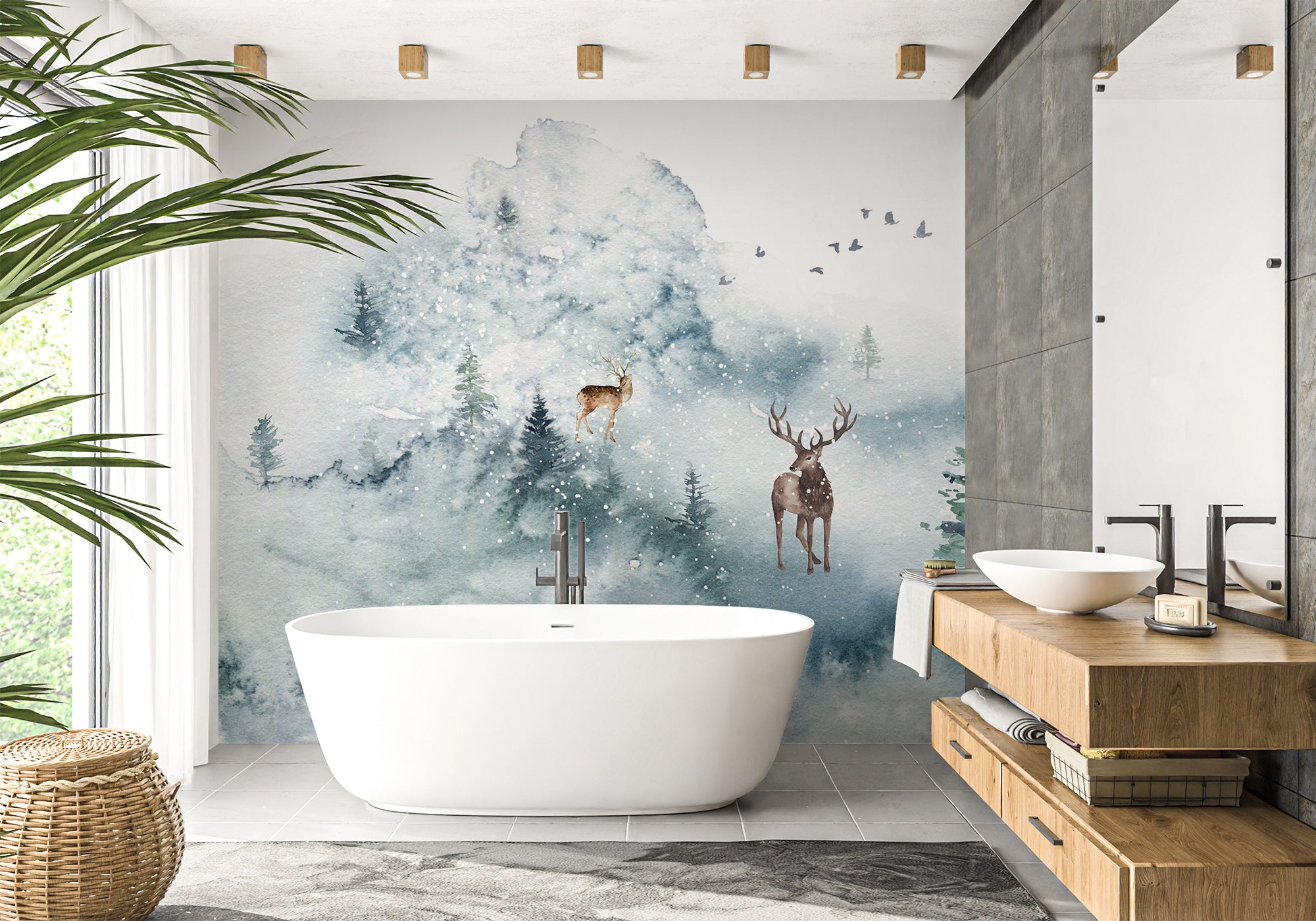 Papier peint salle de bain cerf & Scandinave, mural concept, tendance