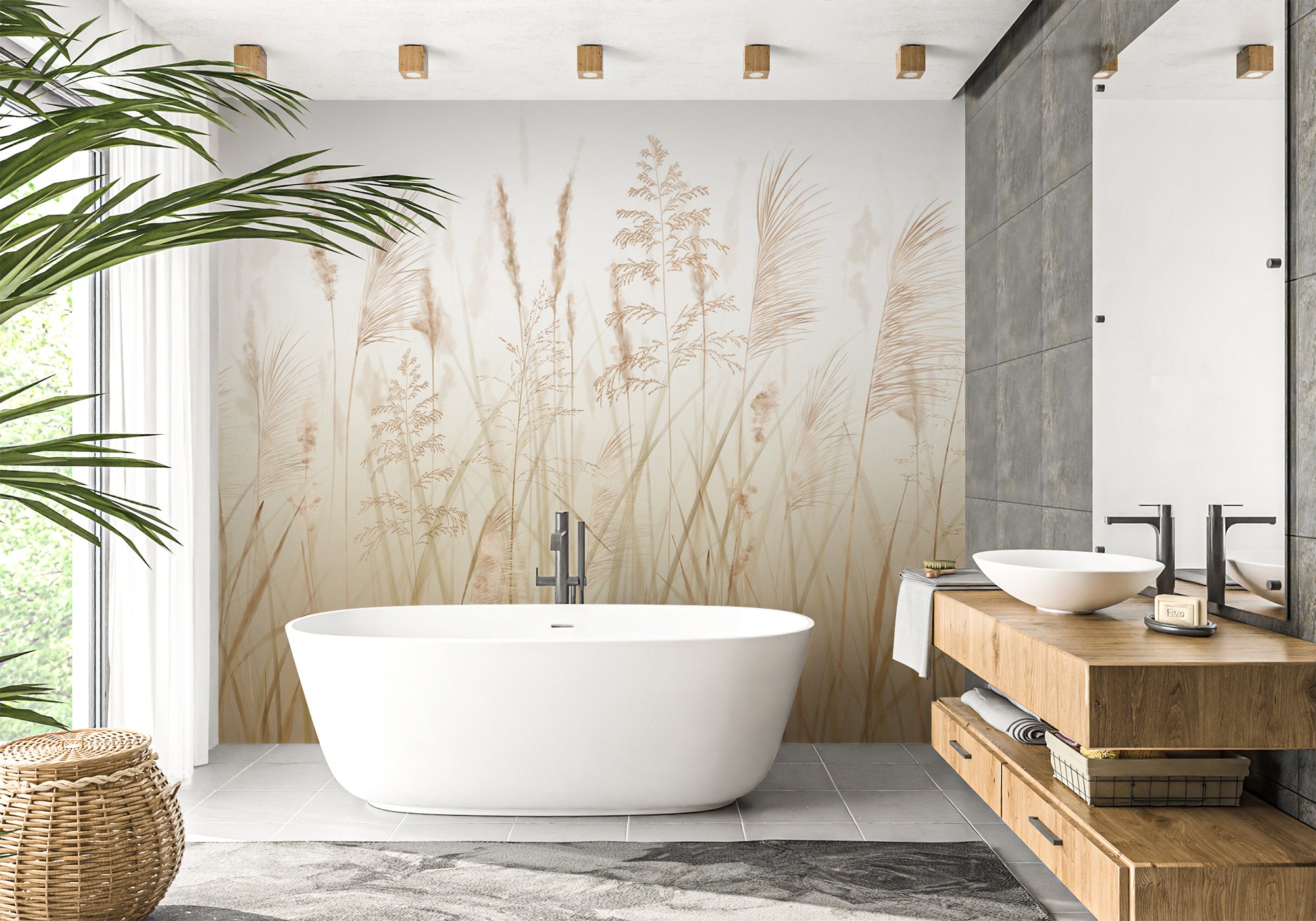 Papier peint salle de bain champs de blé beige, mural concept, tendance