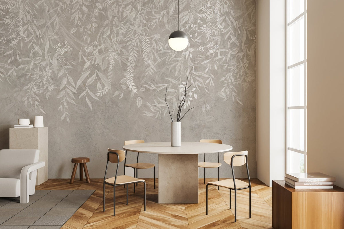 Papel pintado con diseño vegetal moderno en color beige