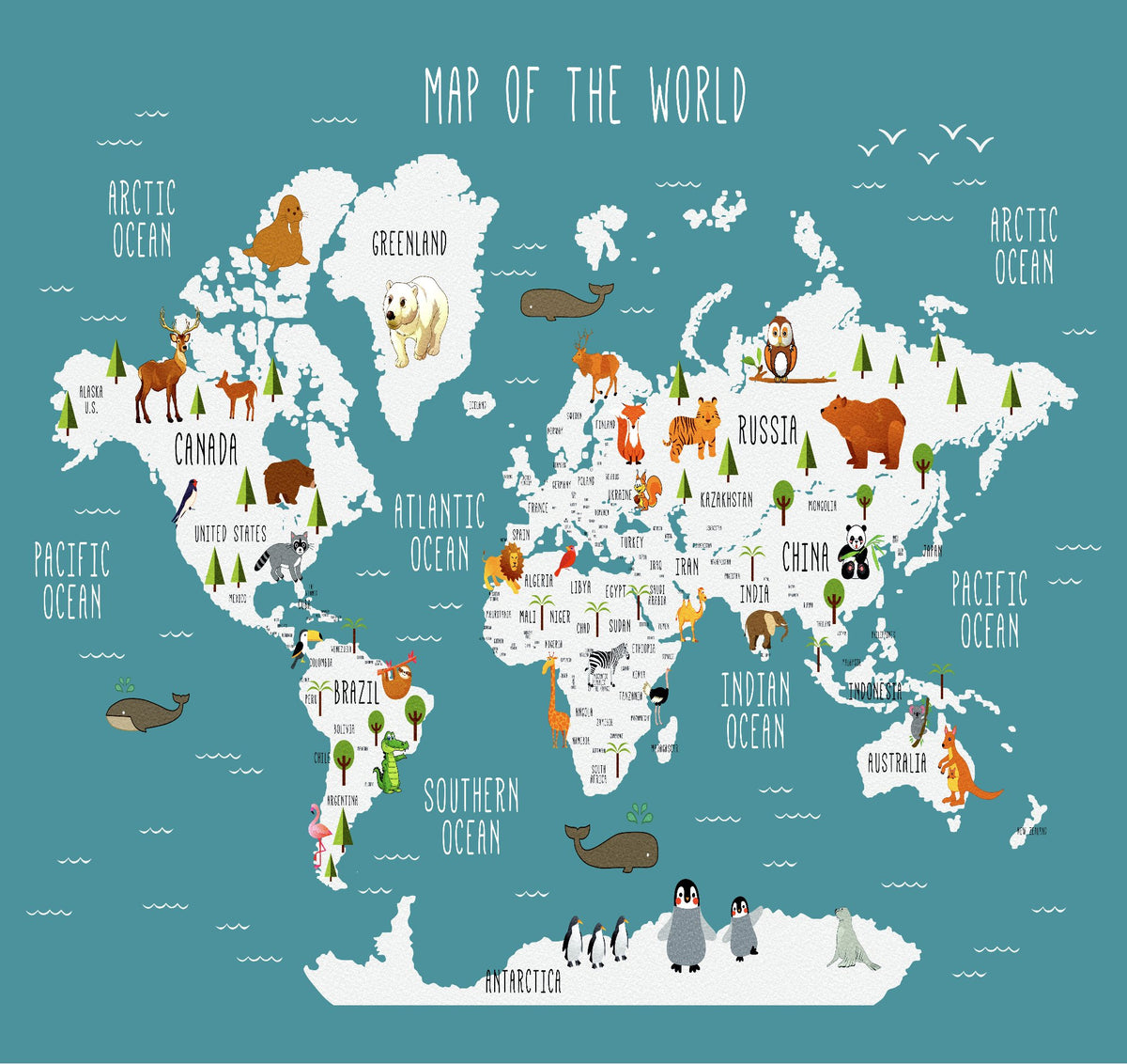 Papel pintado Mapa ilustrado del mundo Pato azul animales A352cm x A253cm