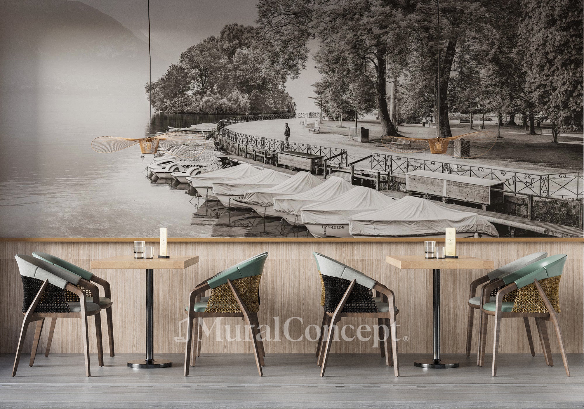 Papier peint restaurant contemplation lac d'Annecy sépia - panoramique français