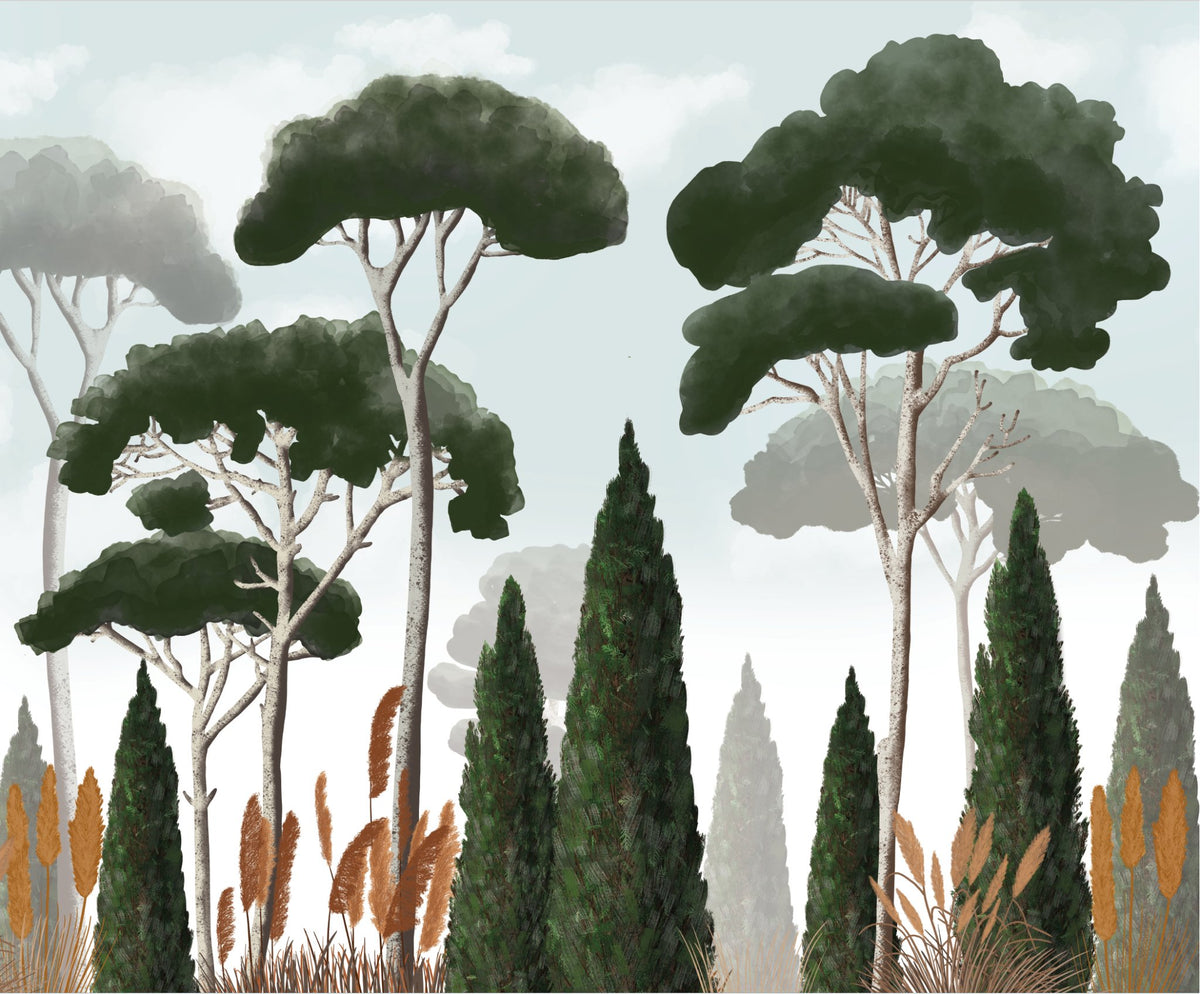 Papel pintado a medida pino ciprés y hierba de la pampa L175cm x H145cm