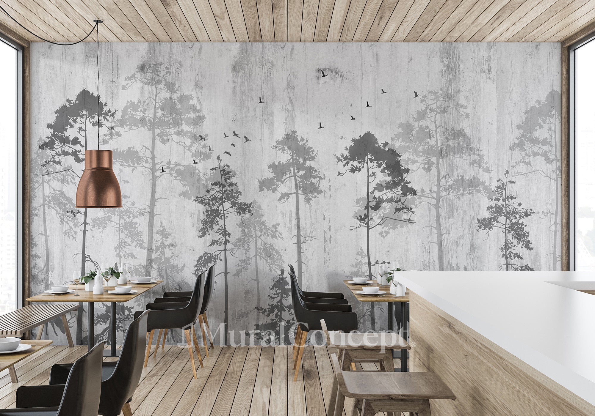 Papier peint bistrot forêt nostalgique - panoramique français