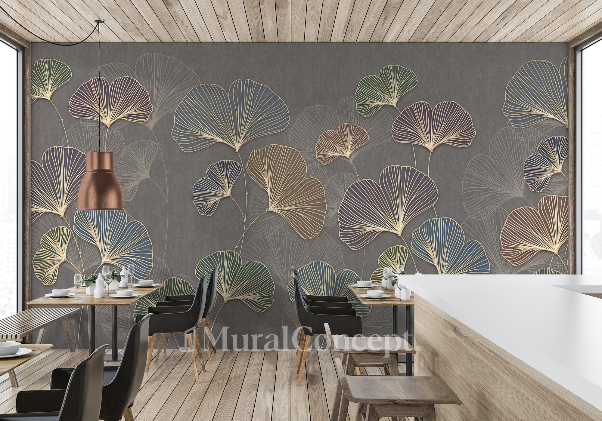 Papier peint bistrot ginkgo asie tendance - panoramique français