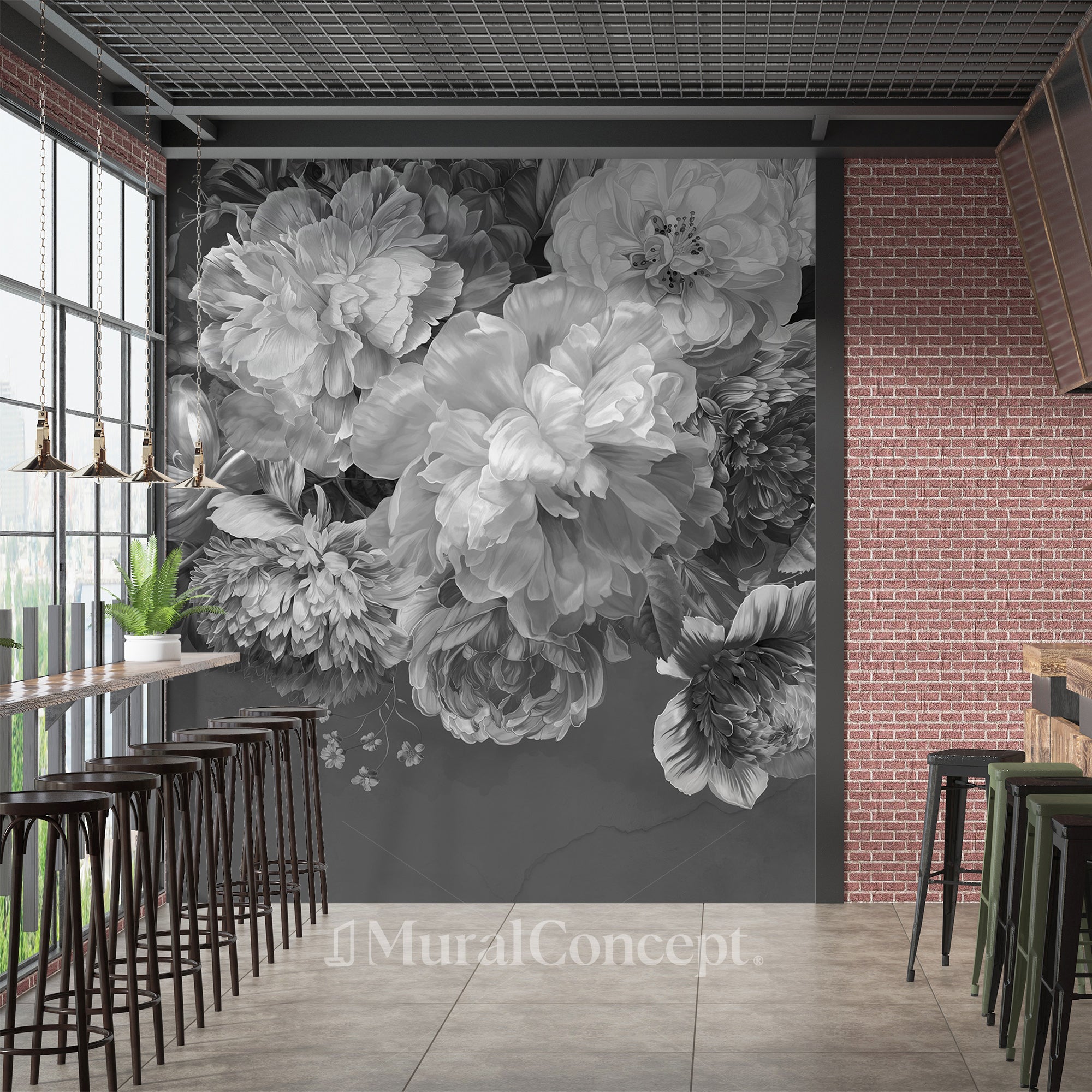 Papier peint bistrot pivoine noir et blanc - panoramique français