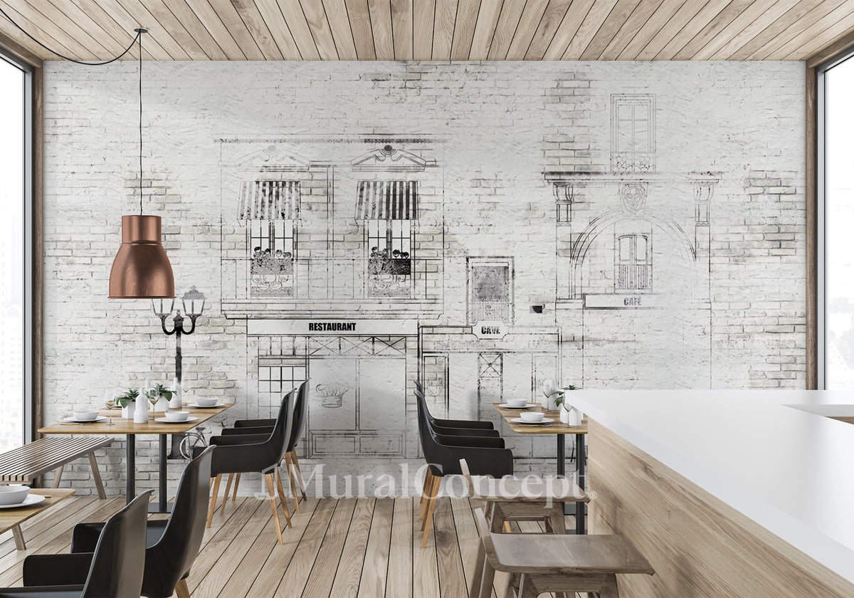 Papel pintado bistró vintage Fachada parisina