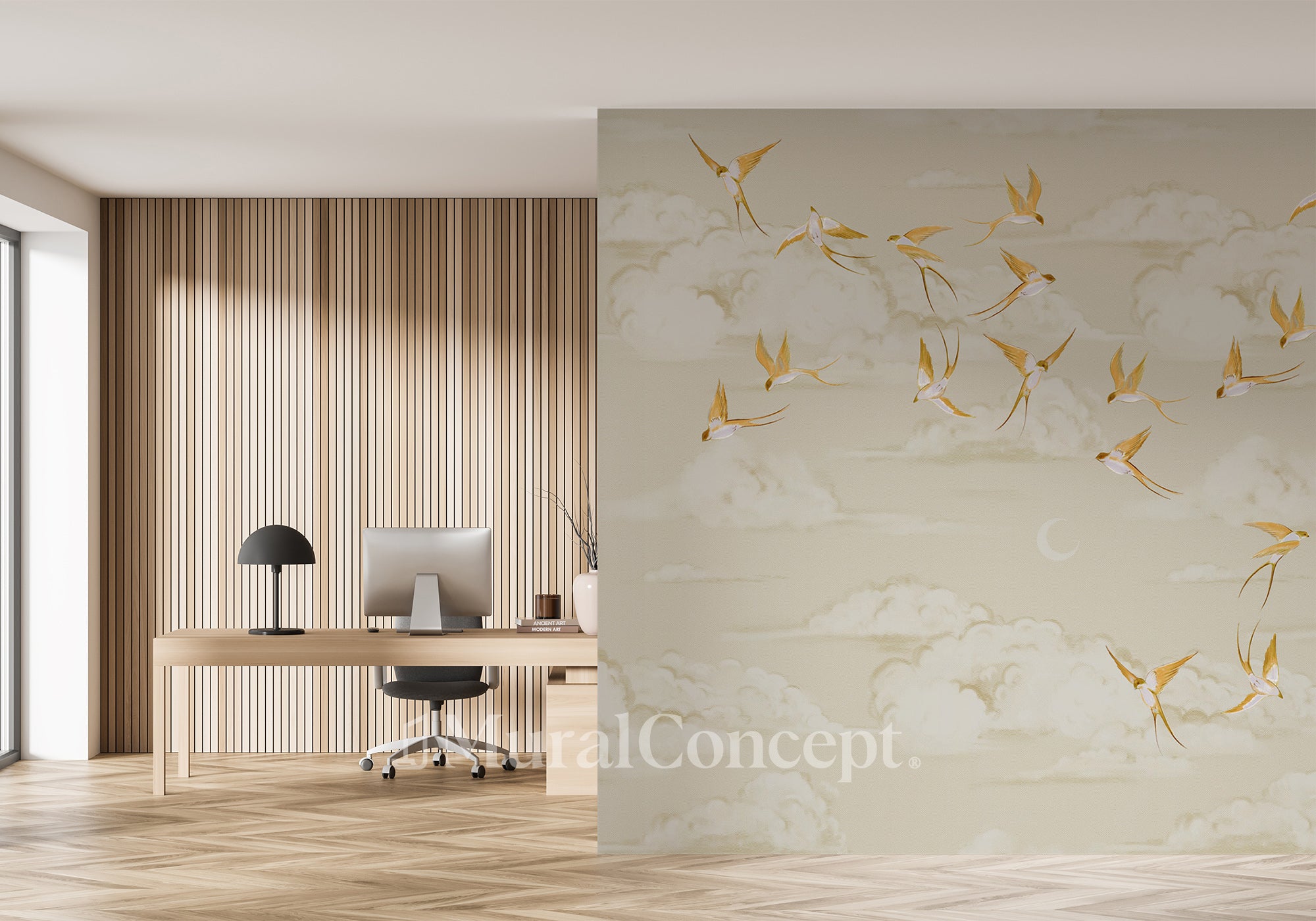 Papier peint bureau envol oiseau doré - décor mural français