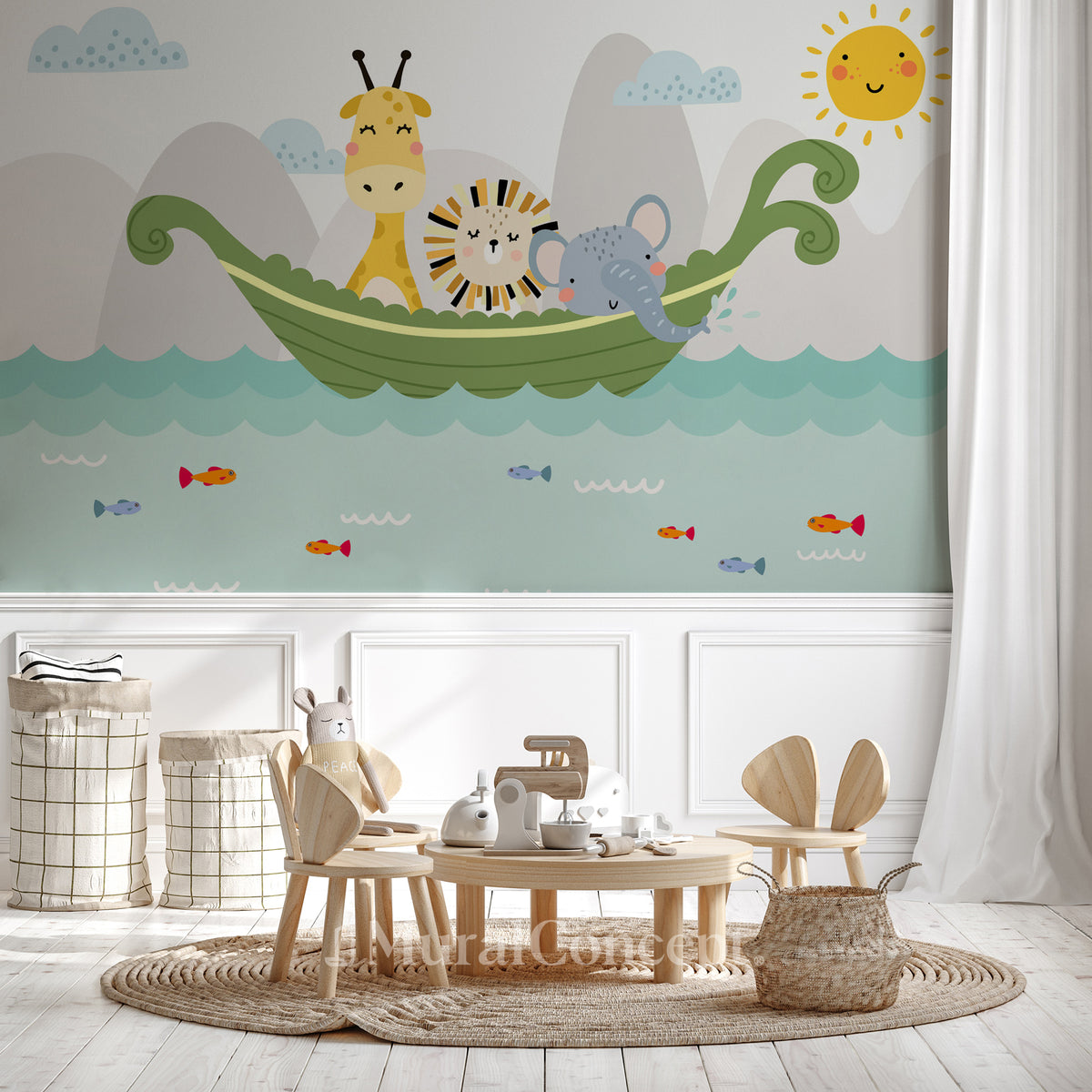 Papel pintado habitación bebé barco animales