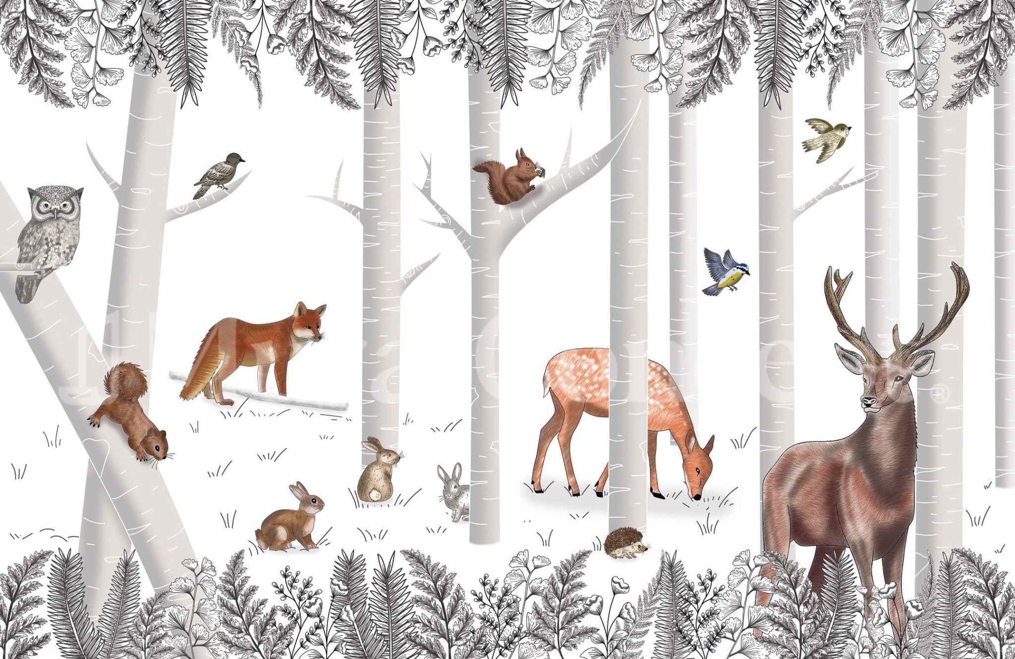 Papier peint bois enchanté et ses animaux - panoramique français