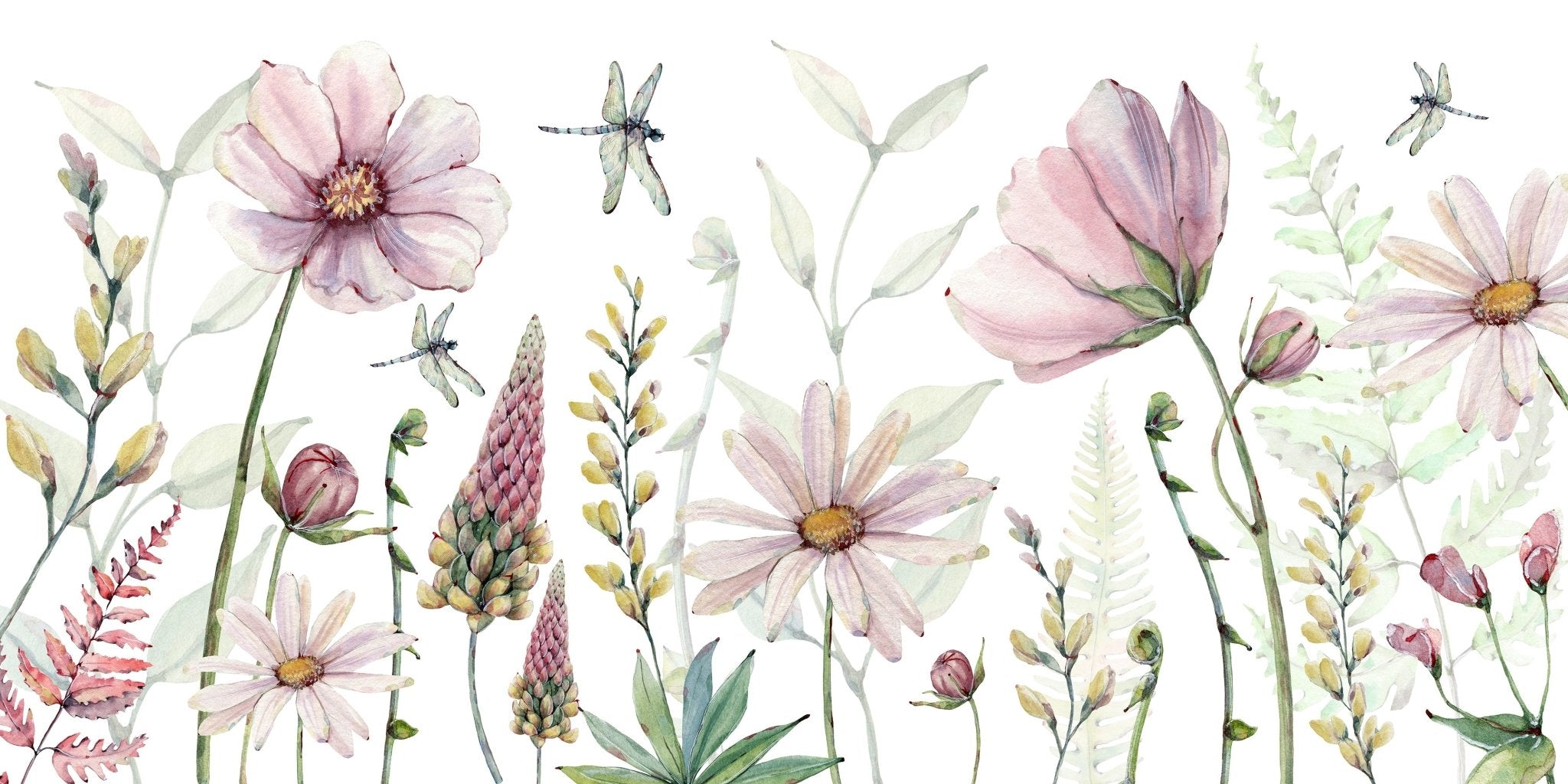 Papier peint fleurs et libellules, mural concept, tendance