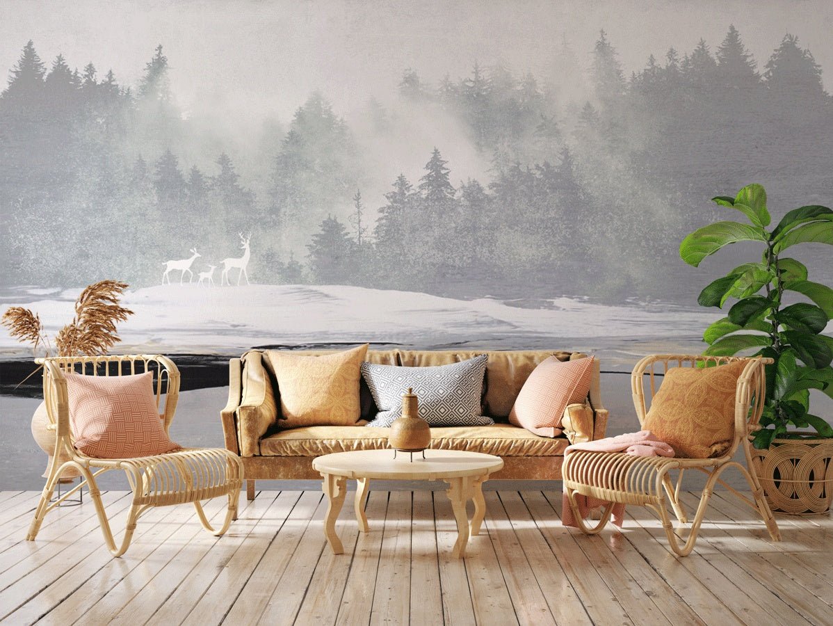 Papier peint forêt brumeuse et cerfs - Muralconceptpapier_peint_sur_mesure