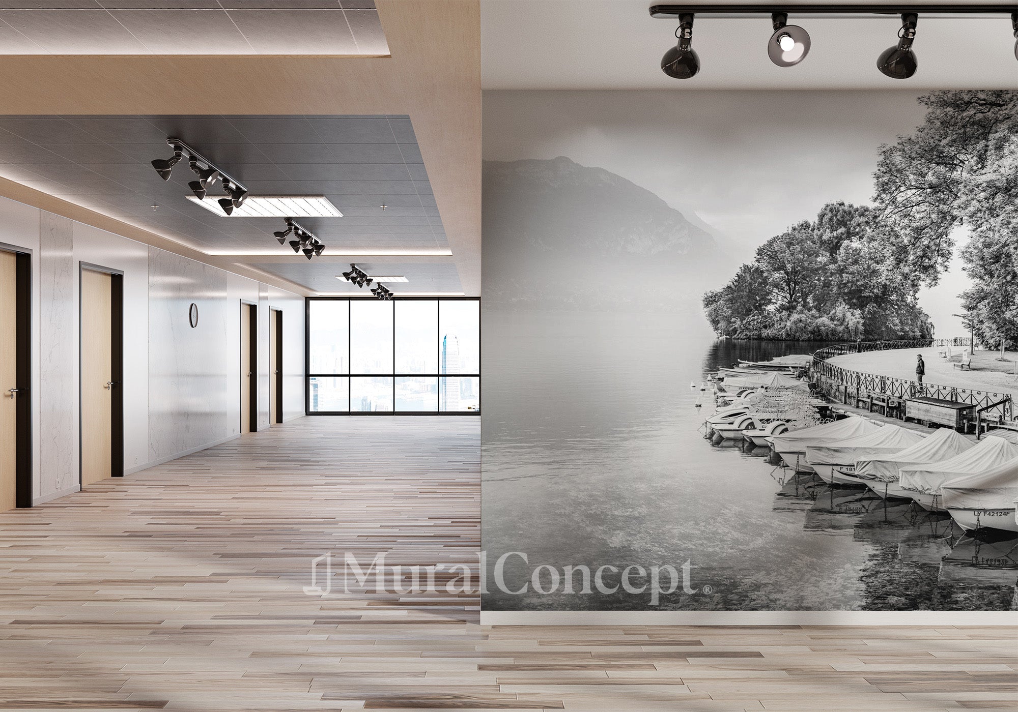 Papier peint hall contemplation lac d'Annecy noir et blanc - panoramique français