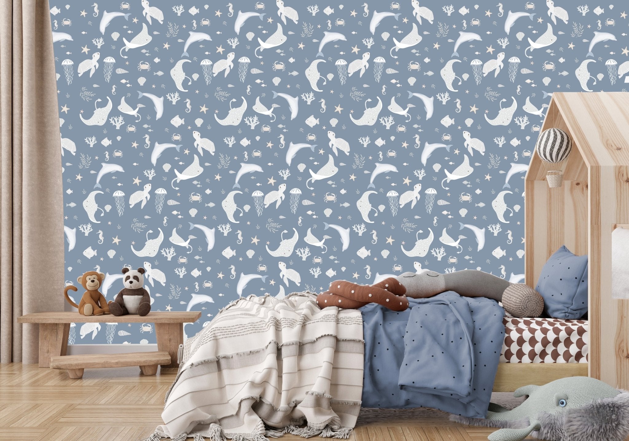 Papier peint motif océania bleu craquant, mural concept, tendance