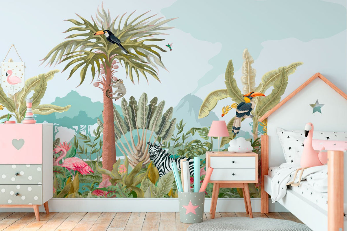 Papel pintado infantil panorámico de la selva