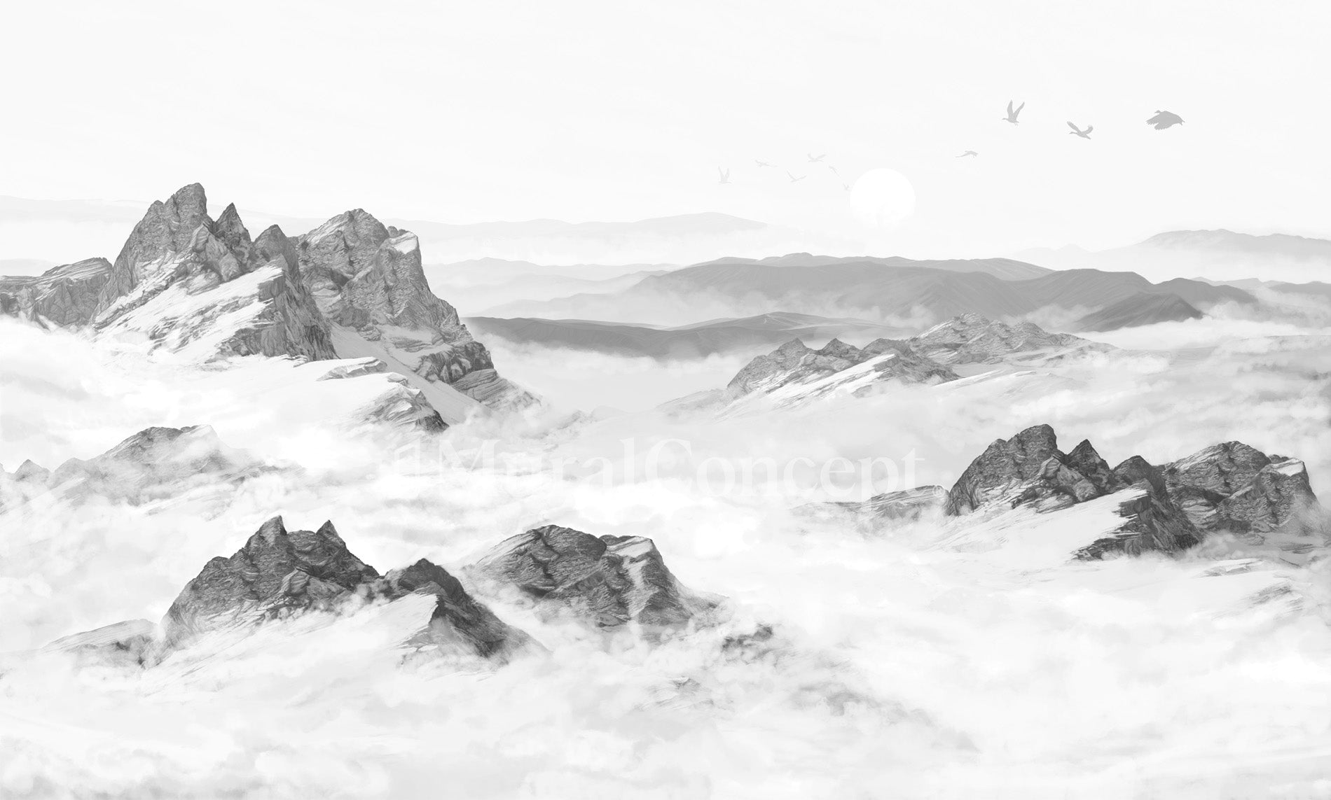 Papier peint restaurant montagne noir et blanc - panoramique français