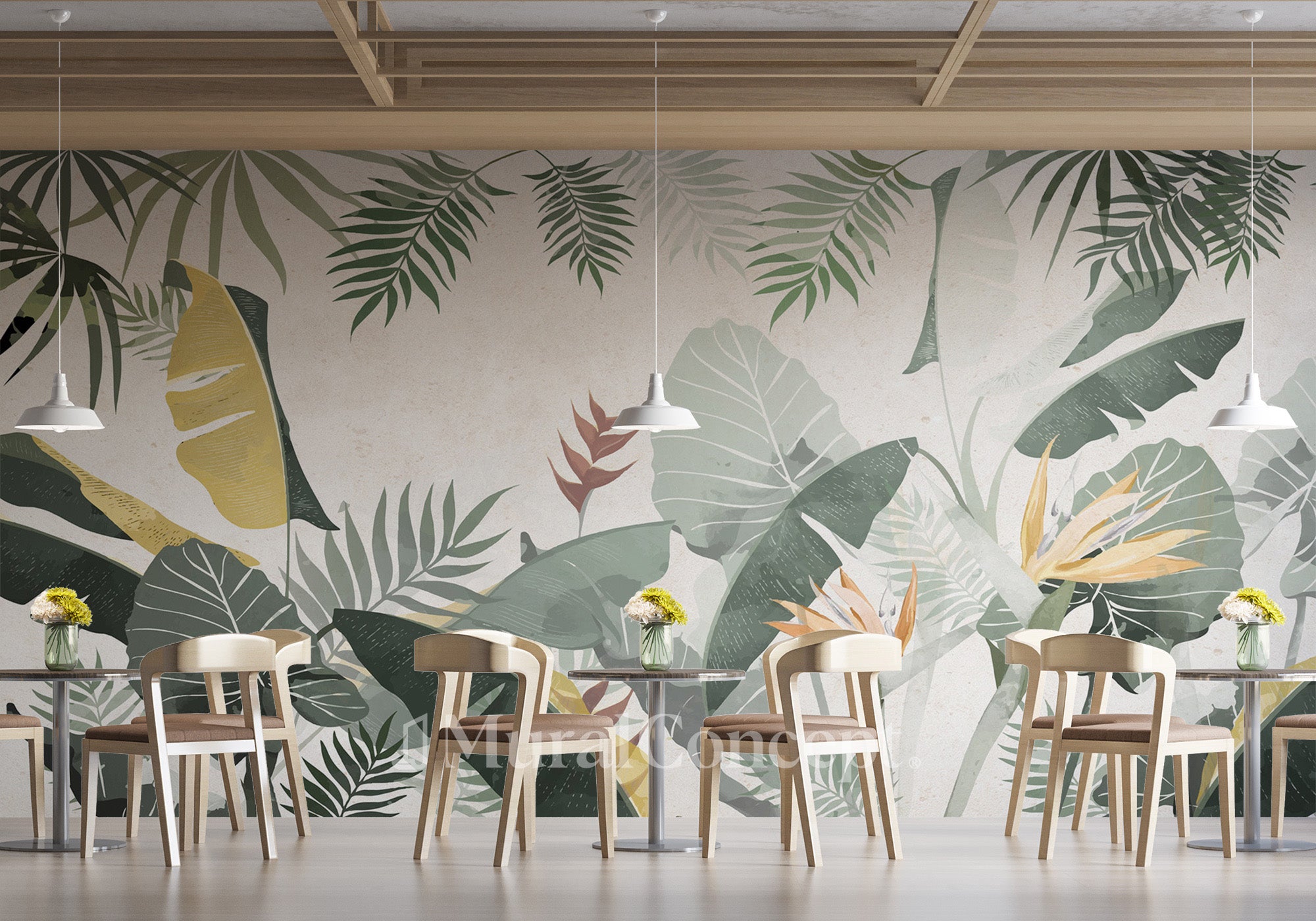 Papier peint restaurant végétal vert jaune - panoramique français