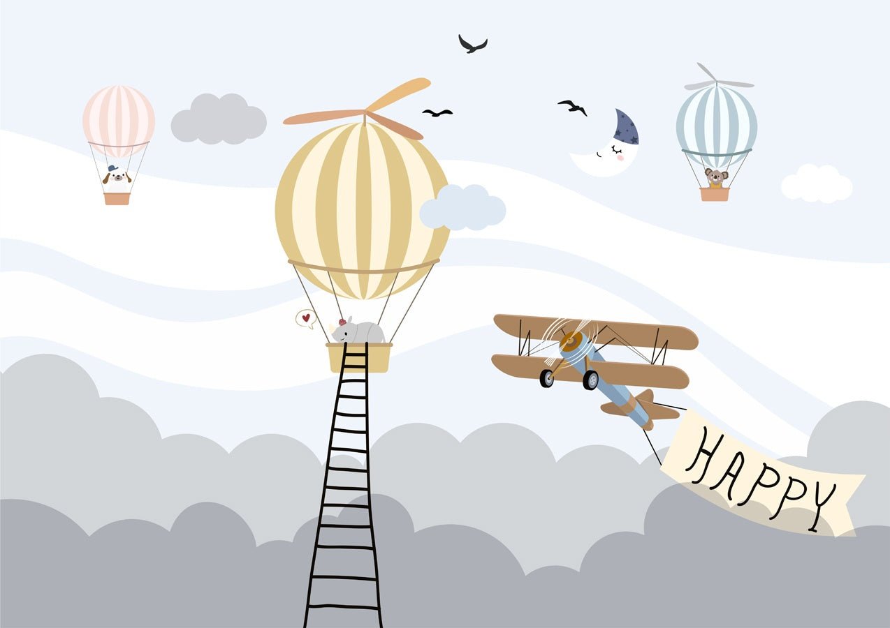 Papier peint rhinocéros avion et montgolfière - Muralconceptpapier_peint_sur_mesure