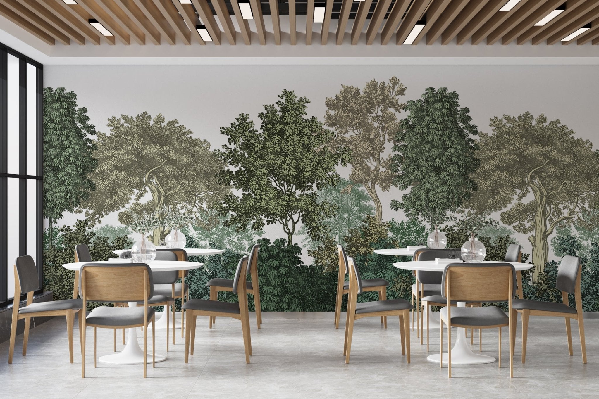 Papier peint restaurant paysage forêt gravure - panoramique français