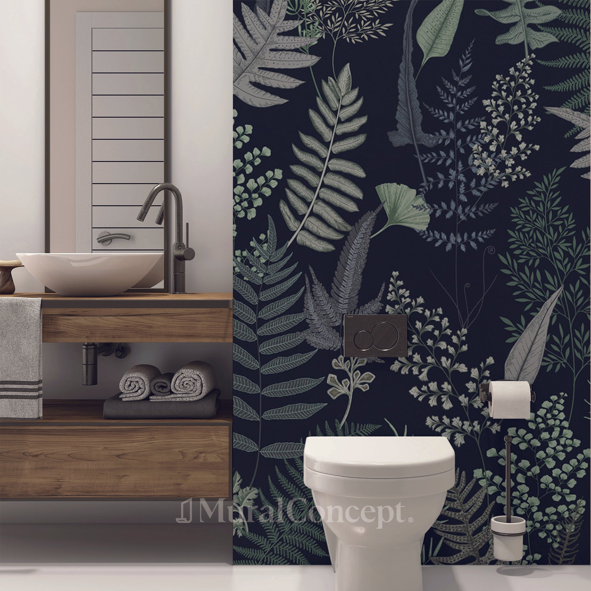 Papier peint toilette dense feuille bleu marine - panoramique sur mesure francais - muralconcept