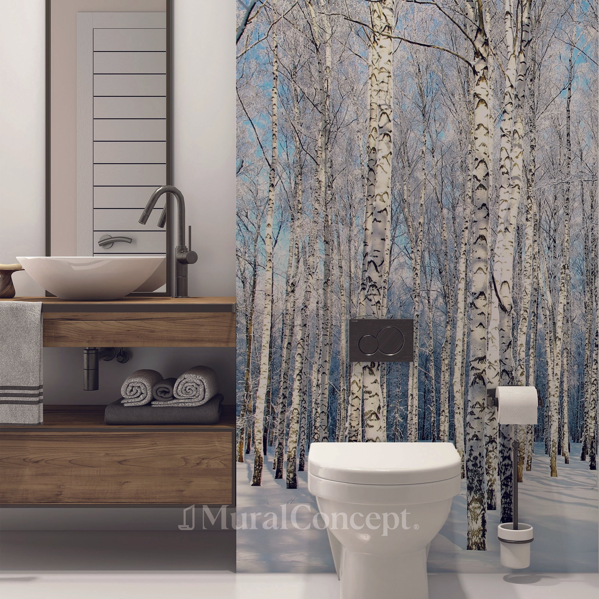 Papier peint wc Bouleau Wood Forêt - panoramique sur mesure francais - muralconcept