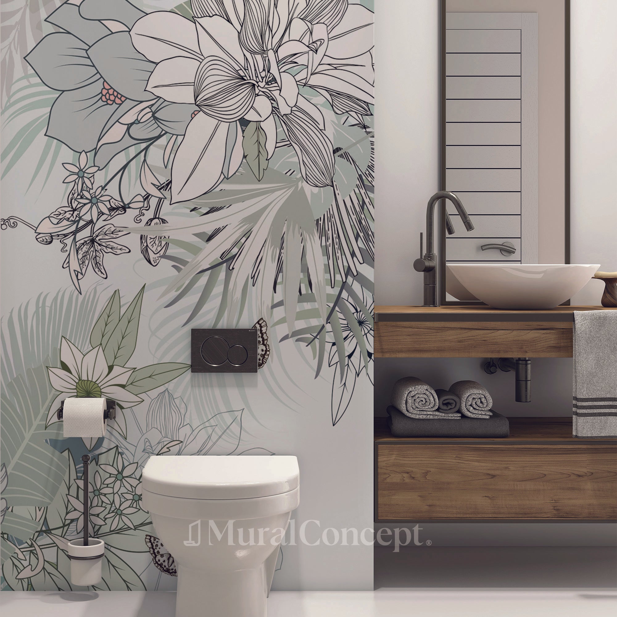 Papier peint wc tendance nature plante vert d'eau - panoramique sur mesure francais - muralconcept