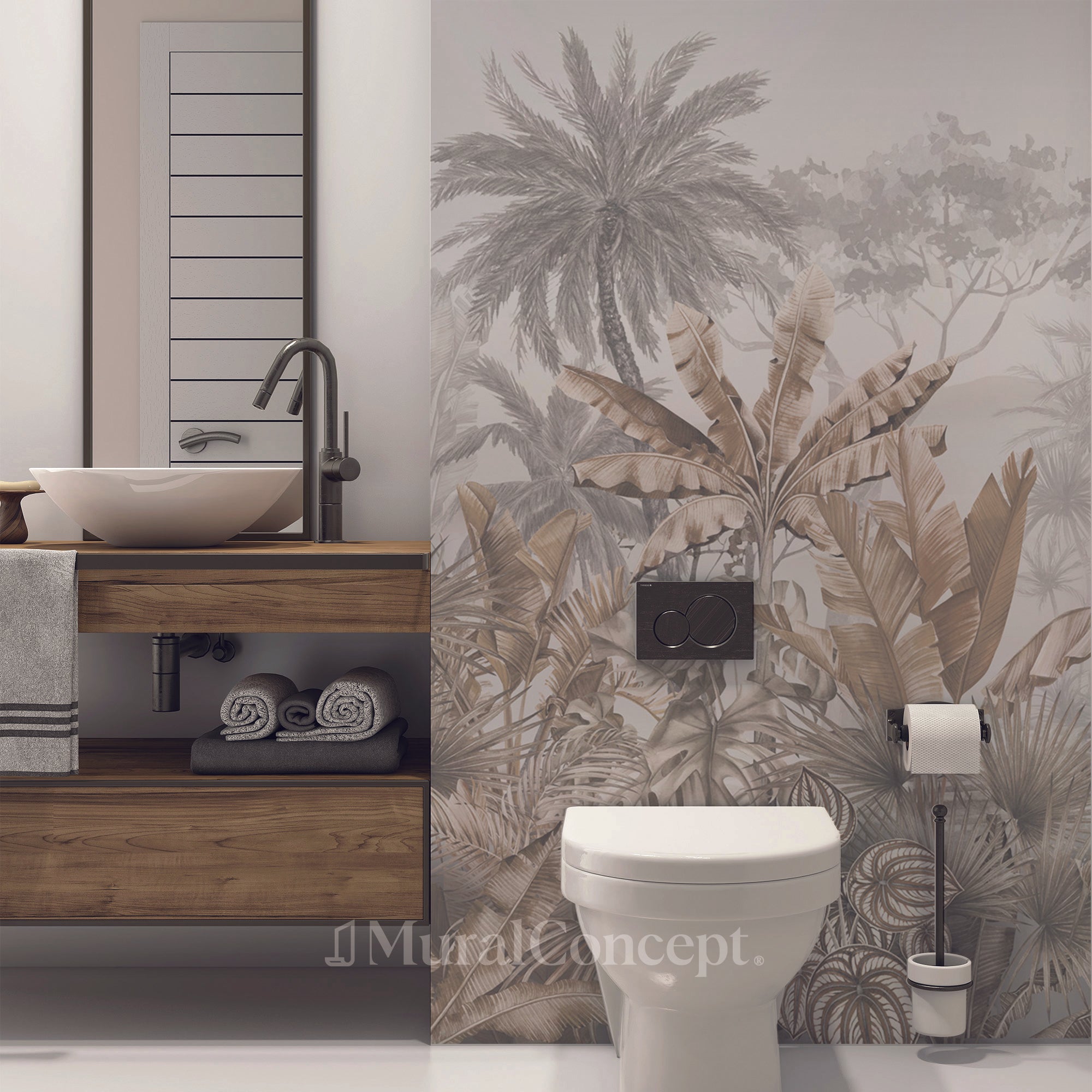 Papier peint wc tendance tropical sépia - panoramique sur mesure francais - muralconcept