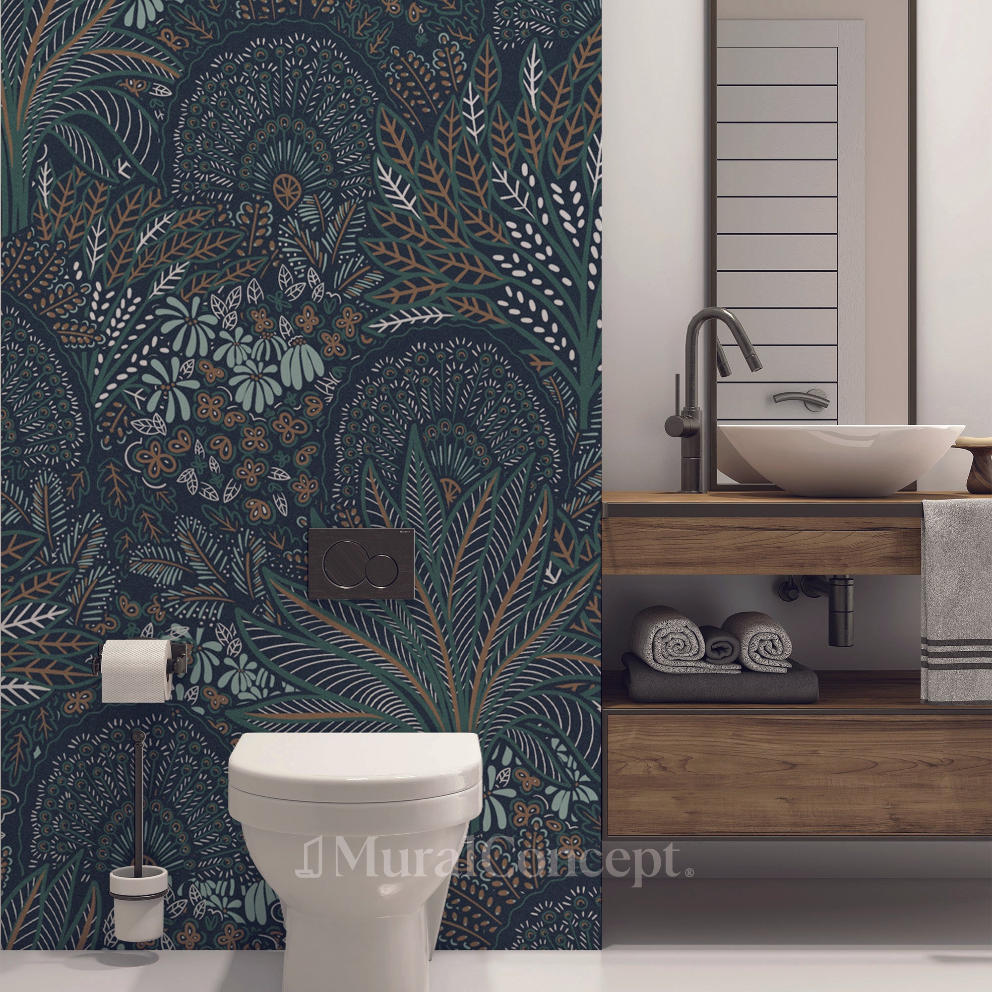 Papier peint wc roue du paon végétale - panoramique sur mesure francais - muralconcept