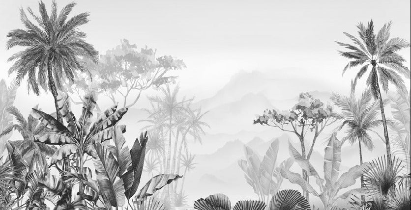 Papel pintado tropical en blanco y negro para cuartos de baño