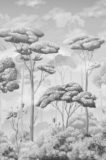 Fondo de pantalla de bosque de pinos panorámico en blanco y negro