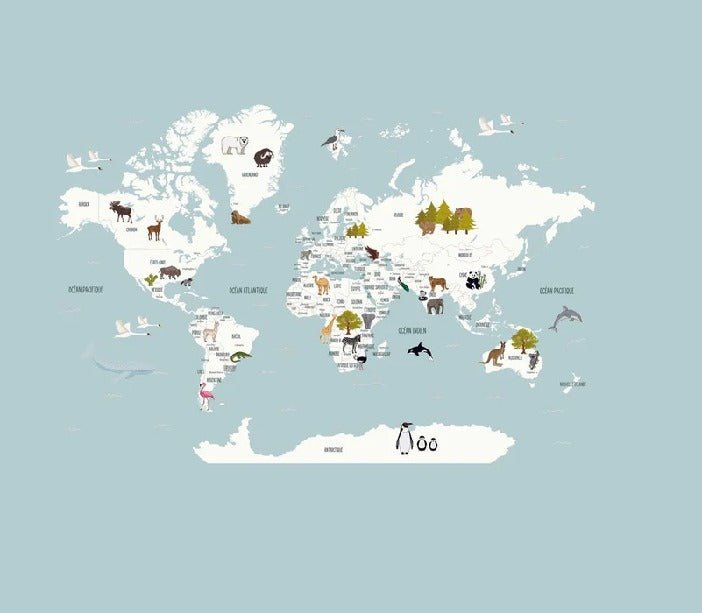 Mapa infantil del mundo en papel pintado azul hielo francés