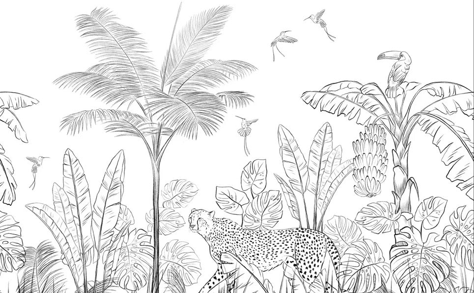 Papel pintado Selva de leopardo en blanco y negro