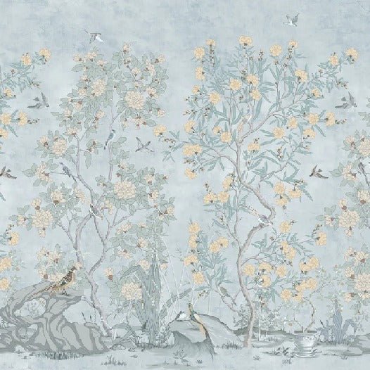 Papel pintado chinoiserie azul jardín
