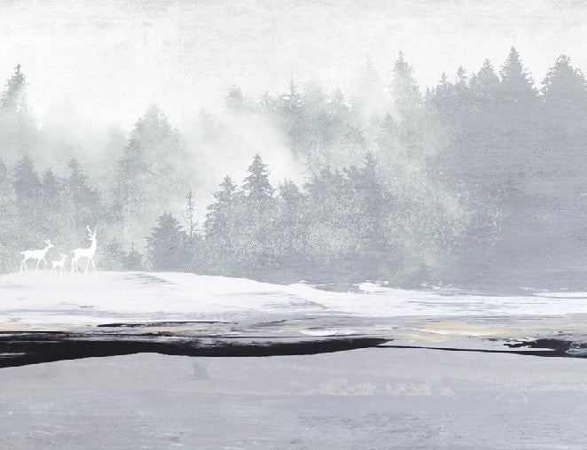 Papier peint forêt brumeuse et cerfs, XXL, tendance