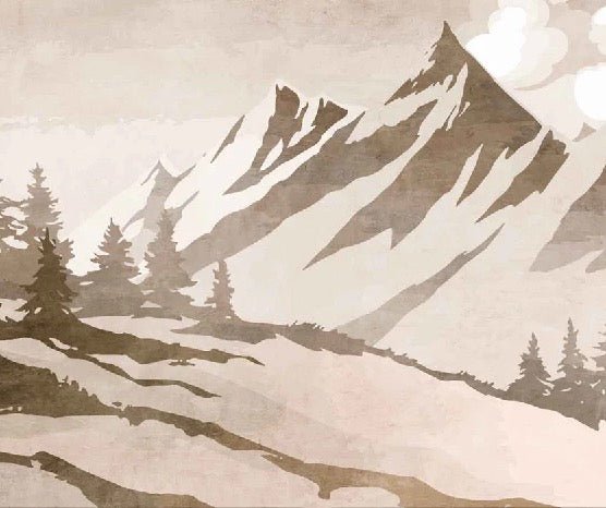 Papel pintado vintage de abetos y montañas en sepia
