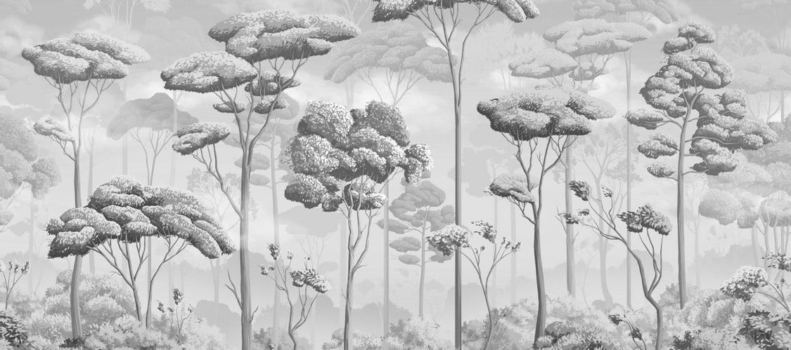 Fondo de pantalla de bosque de pinos panorámico en blanco y negro