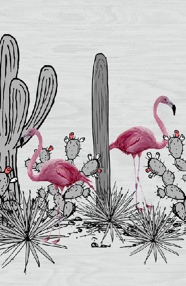 Papel pintado Panorámica de cactus y flamencos rosas