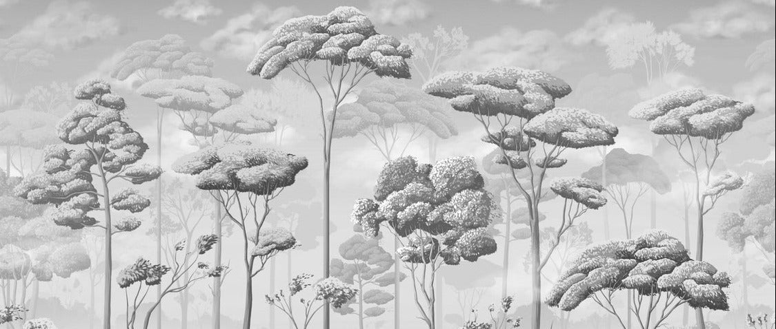 Fondo de pantalla de bosque de pinos panorámico en blanco y negro