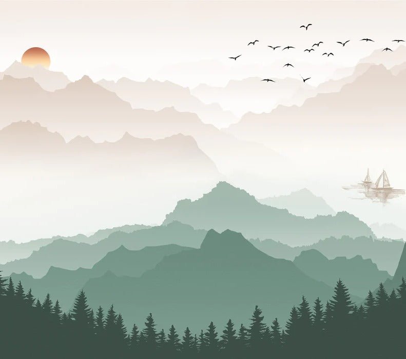 Papier peint montagne dans brume terracotta, mural concept, tendance