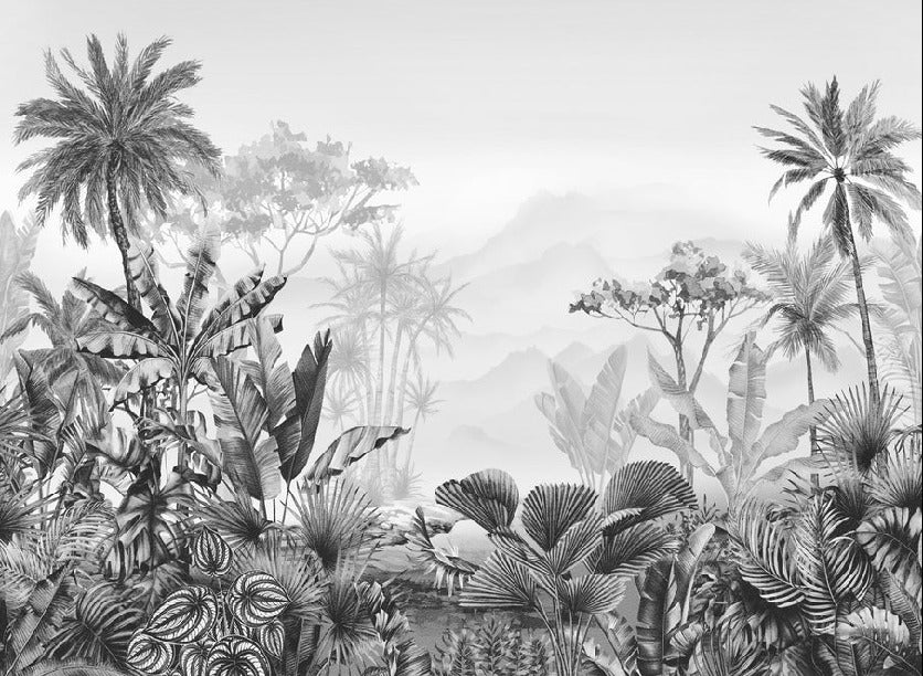 Papel pintado tropical en blanco y negro para cuartos de baño