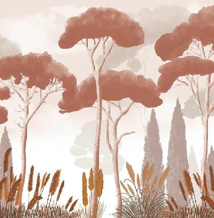 Papel pintado terracota de ciprés, pino y hierba de la pampa