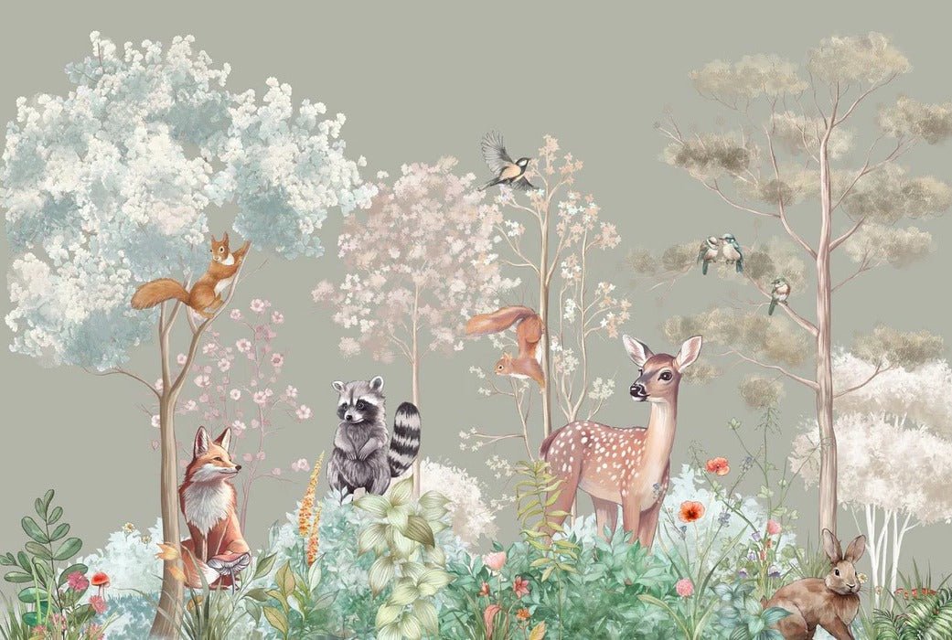 Papel pintado Dormitorio infantil naturaleza mágica salvia