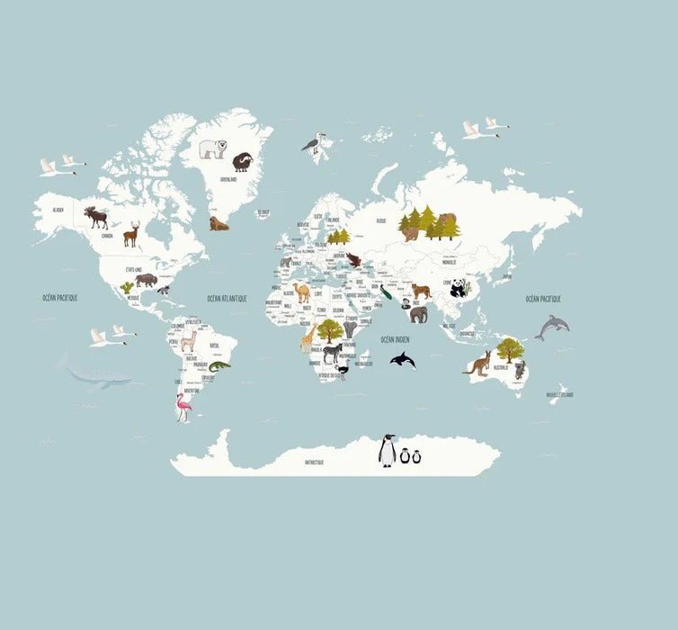 Mapa infantil del mundo en papel pintado azul hielo francés