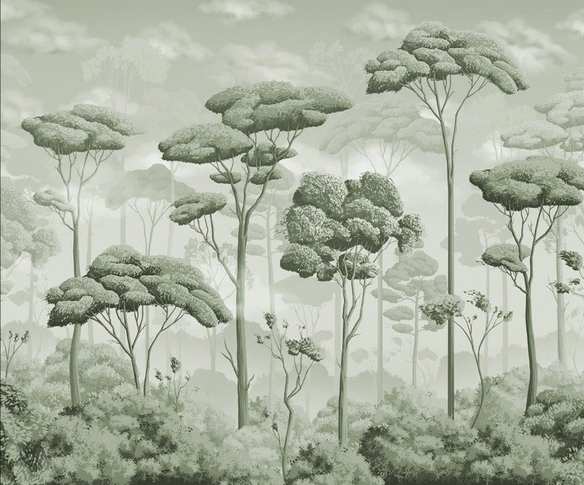 Papel pintado panorámico Voluptuoso bosque de pinos verdes