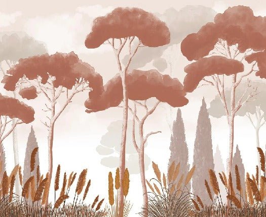 Papel pintado terracota de ciprés, pino y hierba de la pampa