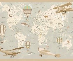 Papel pintado infantil mapa del mundo aviador