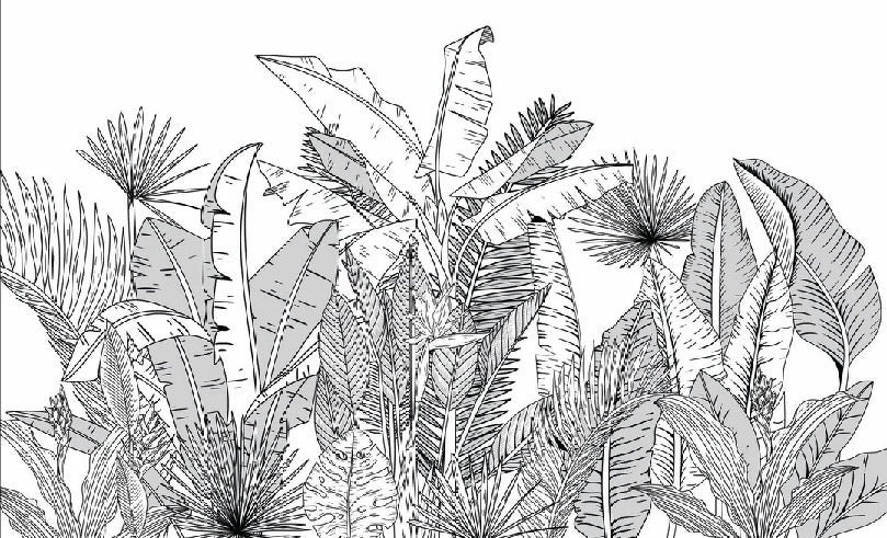 Papel pintado panorámico de hojas botánicas en blanco y negro