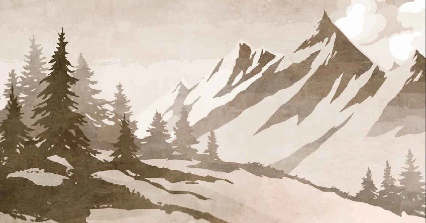 Papel pintado vintage de abetos y montañas en sepia