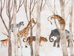 Papel pintado infantil panorámico de animales de la selva y el bosque